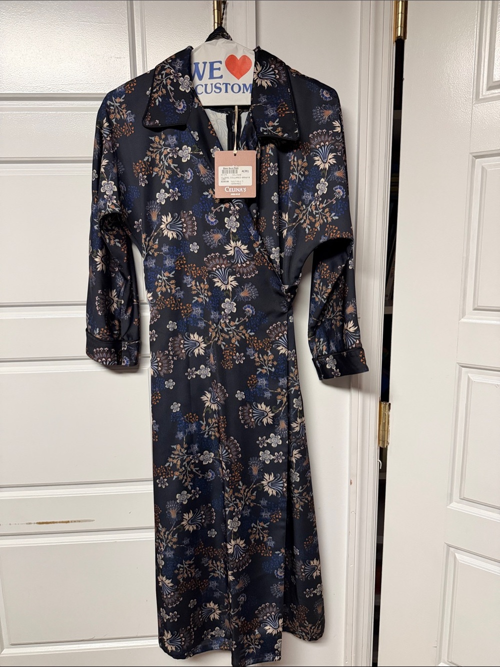 Navy Floral Wrap-Style Midi Dress